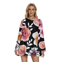 Cheerful Watercolor Flowers Round Neck Long Sleeve Bohemian Style Chiffon Mini Dress by GardenOfOphir