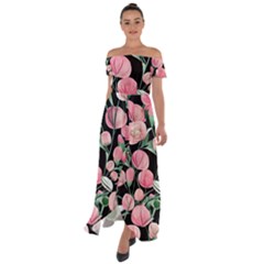 Boho Watercolor Botanical Flowers Off Shoulder Open Front Chiffon Dress by GardenOfOphir