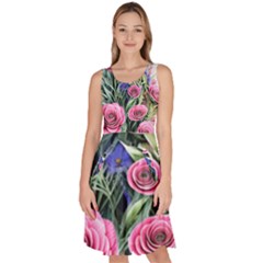 Attention-getting Watercolor Flowers Knee Length Skater Dress With Pockets by GardenOfOphir