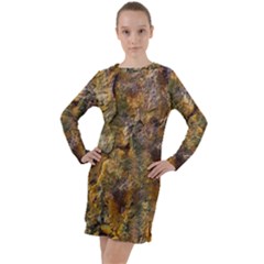 Rusty Orange Abstract Surface Long Sleeve Hoodie Dress by dflcprintsclothing