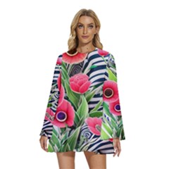 Cherished Blooms – Watercolor Flowers Botanical Round Neck Long Sleeve Bohemian Style Chiffon Mini Dress by GardenOfOphir