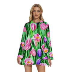 Combined Watercolor Flowers Round Neck Long Sleeve Bohemian Style Chiffon Mini Dress by GardenOfOphir