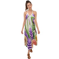 Classy Watercolor Flowers Halter Tie Back Dress  by GardenOfOphir