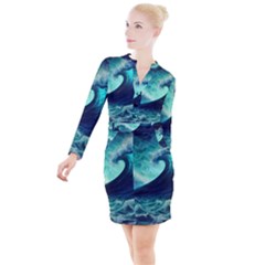 Ai Generated Waves Ocean Sea Tsunami Nautical Fantasy Button Long Sleeve Dress by Ravend