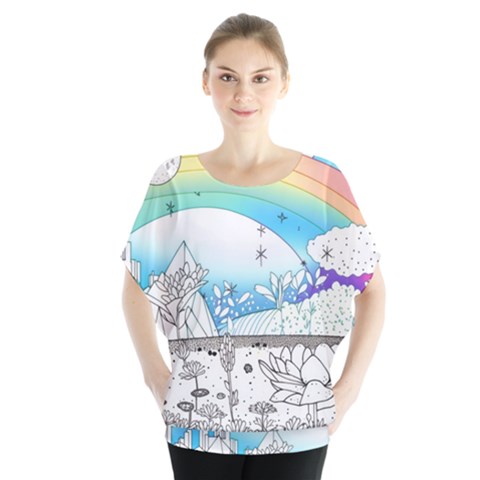 Rainbow Fun Cute Minimal Doodle Drawing Arts Batwing Chiffon Blouse by Ravend