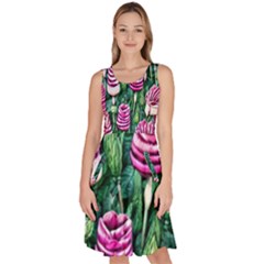 Attractive Watercolor Flowers Knee Length Skater Dress With Pockets by GardenOfOphir