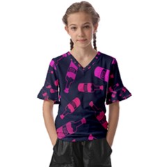 Wine Wine Bottles Background Graphic Kids  V-neck Horn Sleeve Blouse by Ravend