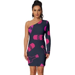 Wine Wine Bottles Background Graphic Long Sleeve One Shoulder Mini Dress by Ravend