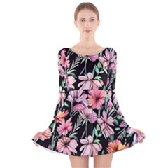 Clustered Watercolor Flowers Long Sleeve Velvet Skater Dress by GardenOfOphir