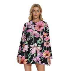 Clustered Watercolor Flowers Round Neck Long Sleeve Bohemian Style Chiffon Mini Dress by GardenOfOphir