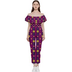 Purple Background Graphic Decor Backdrop Design Art Off Shoulder Ruffle Top Jumpsuit by Ravend