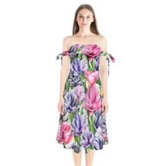 Majestic Watercolor Flowers Shoulder Tie Bardot Midi Dress by GardenOfOphir