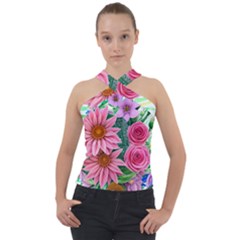 Enchanted Watercolor Flowers Botanical Foliage Cross Neck Velour Top by GardenOfOphir