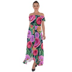 Boho Retropical Flowers Off Shoulder Open Front Chiffon Dress by GardenOfOphir