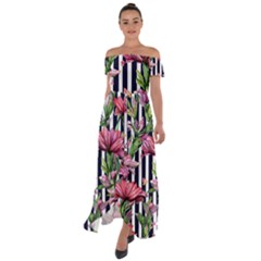 Tropical Botanical Flowers In Watercolor Off Shoulder Open Front Chiffon Dress by GardenOfOphir