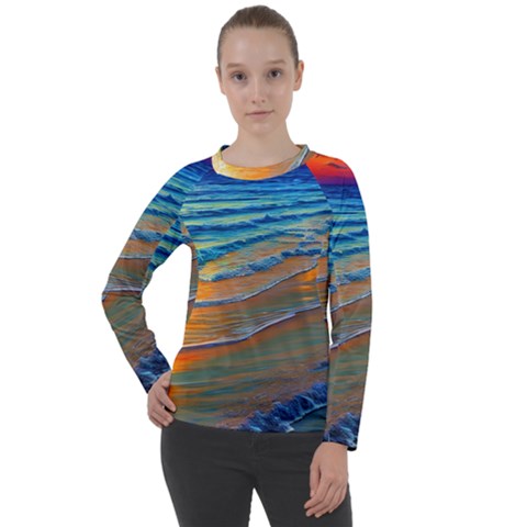 Modern Sunset Over The Ocean Women s Long Sleeve Raglan Tee by GardenOfOphir