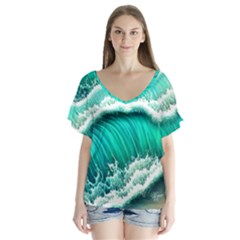 Ocean Waves Design In Pastel Colors V-neck Flutter Sleeve Top by GardenOfOphir