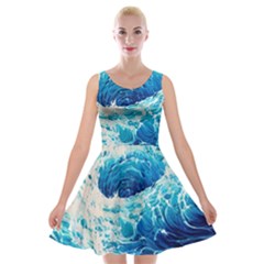 Abstract Blue Ocean Wave Ii Velvet Skater Dress by GardenOfOphir