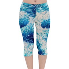Abstract Blue Ocean Wave Ii Velvet Capri Leggings  by GardenOfOphir