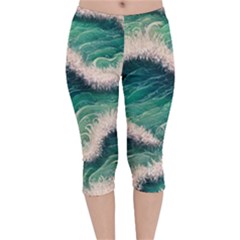Blue Wave Pattern Velvet Capri Leggings  by GardenOfOphir
