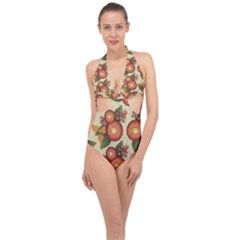Flowers Leaves Pattern Flora Botany Drawing Art Halter Front Plunge Swimsuit by Ravend