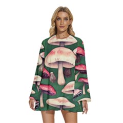 Foraging In The Mushroom Zone Round Neck Long Sleeve Bohemian Style Chiffon Mini Dress by GardenOfOphir