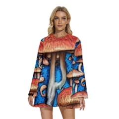 Whimsical Mushroom Round Neck Long Sleeve Bohemian Style Chiffon Mini Dress by GardenOfOphir