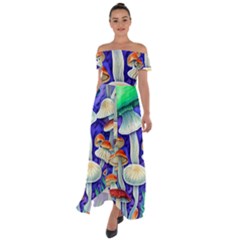 Farmcore Mushroom Foraging In A Forrest Off Shoulder Open Front Chiffon Dress by GardenOfOphir