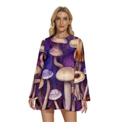 Whimsical Forest Mushroom Round Neck Long Sleeve Bohemian Style Chiffon Mini Dress by GardenOfOphir
