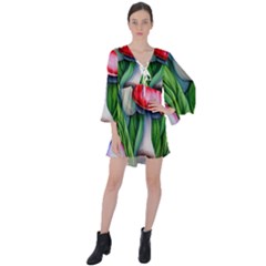 Woods Mushroom Forest Academia Core V-neck Flare Sleeve Mini Dress by GardenOfOphir
