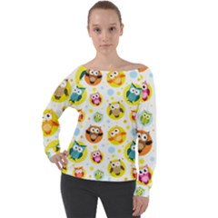 Owl Bird Cartoon Off Shoulder Long Sleeve Velour Top by Jancukart