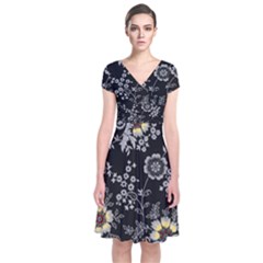 White And Yellow Floral And Paisley Illustration Background Short Sleeve Front Wrap Dress by Jancukart