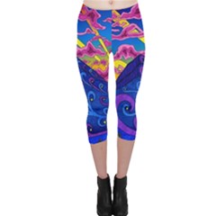 Psychedelic Colorful Lines Nature Mountain Trees Snowy Peak Moon Sun Rays Hill Road Artwork Stars Sk Capri Leggings  by Jancukart