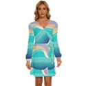 Tsunami Tidal Wave Wave Minimalist Ocean Sea Long Sleeve Waist Tie Ruffle Velvet Dress View1