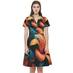 Ai Generated Tropical Flowers Floral Floral Pattern Short Sleeve Waist Detail Dress by Pakemis