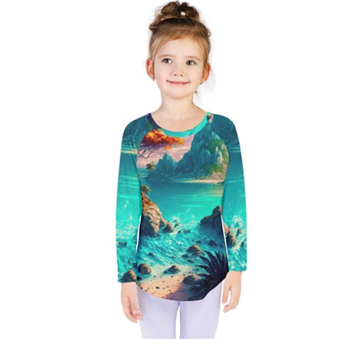 Tropical Paradise Beach Ocean Shore Sea Fantasy Kids  Long Sleeve Tee by Pakemis