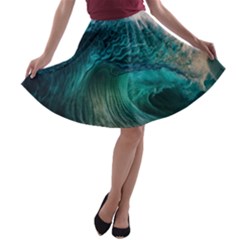 Tsunami Waves Ocean Sea Water Rough Seas A-line Skater Skirt by Pakemis