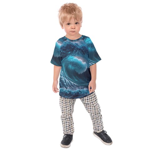 Tsunami Waves Ocean Sea Water Rough Seas 3 Kids  Raglan Tee by Pakemis