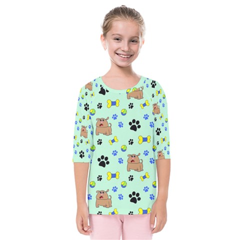 Dog Pattern Seamless Blue Background Scrapbooking Kids  Quarter Sleeve Raglan Tee by Wegoenart
