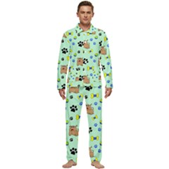 Dog Pattern Seamless Blue Background Scrapbooking Men s Long Sleeve Velvet Pocket Pajamas Set by Wegoenart