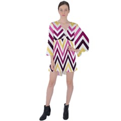 Pretty Chevron V-neck Flare Sleeve Mini Dress by GardenOfOphir