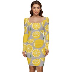 Lemon Background Lemon Wallpaper Women Long Sleeve Ruched Stretch Jersey Dress by Semog4