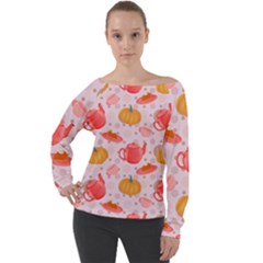 Pumpkin Tea Cup Pie Dessert Off Shoulder Long Sleeve Velour Top by Semog4