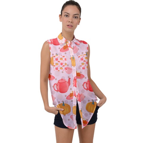 Pumpkin Tea Cup Pie Dessert Sleeveless Chiffon Button Shirt by Semog4