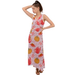 Pumpkin Tea Cup Pie Dessert V-neck Chiffon Maxi Dress by Semog4
