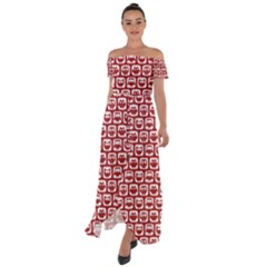 Red And White Owl Pattern Off Shoulder Open Front Chiffon Dress by GardenOfOphir