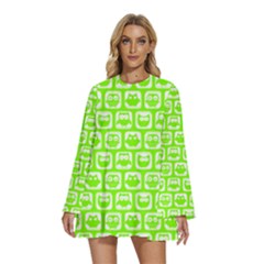 Lime Green And White Owl Pattern Round Neck Long Sleeve Bohemian Style Chiffon Mini Dress by GardenOfOphir
