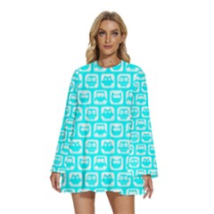 Aqua Turquoise And White Owl Pattern Round Neck Long Sleeve Bohemian Style Chiffon Mini Dress by GardenOfOphir
