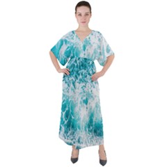 Tropical Blue Ocean Wave V-neck Boho Style Maxi Dress by Jack14