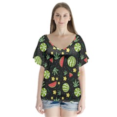 Watermelon Berry Patterns Pattern V-neck Flutter Sleeve Top by Jancukart